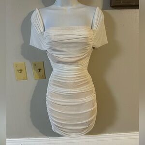 Ruched Off-Shoulder White Bodycon Dress